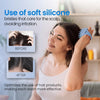 A woman is using a blue soft silicone bristled brush on her scalp, demonstrating before and after hair care.