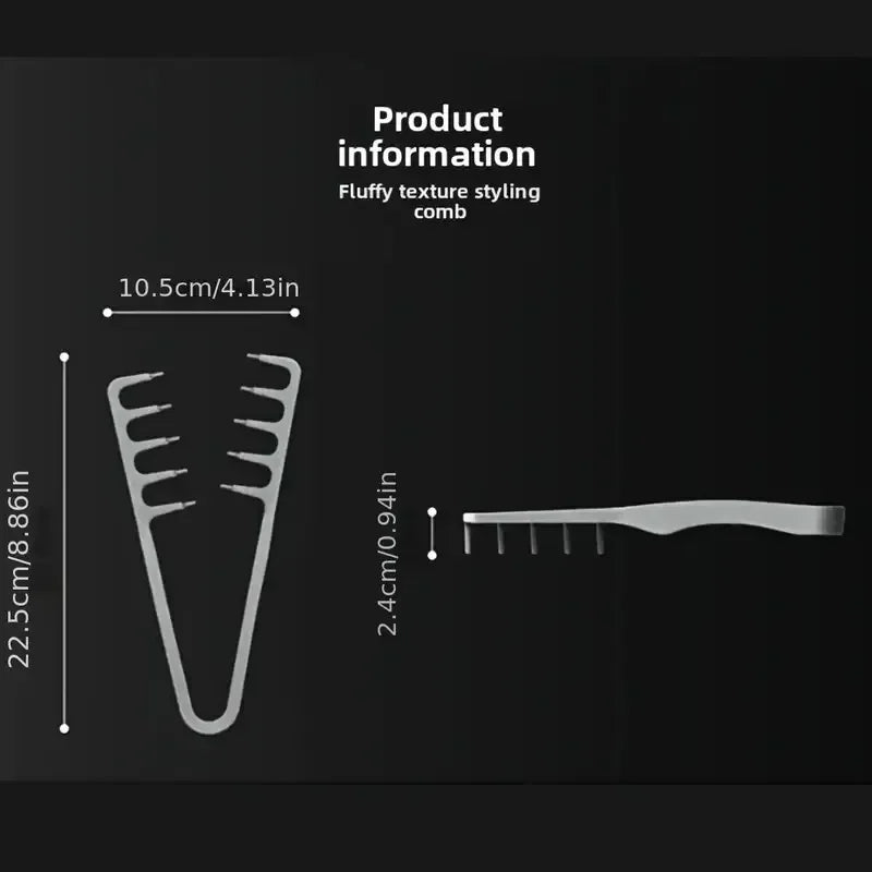 A silver fluffy texture styling comb shown with dimensions 10.5cm/4.13in and 2.4cm/0.94in.