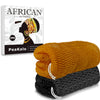 Two orange and black exfoliating loofah sponges shown next to the packaging for African net sponge