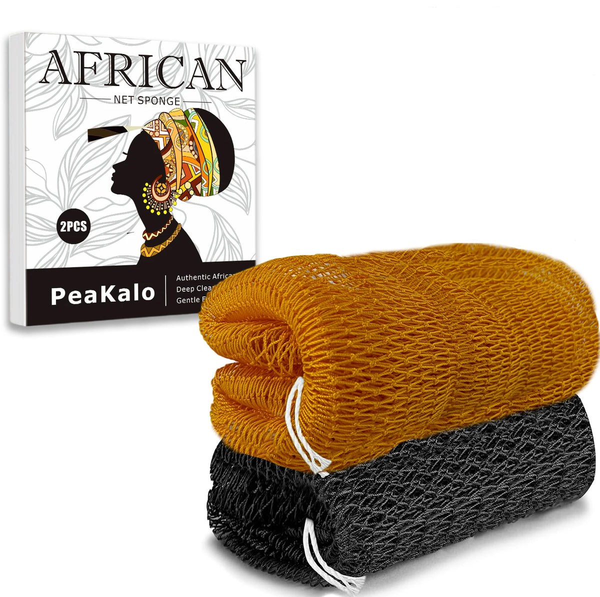 Two orange and black exfoliating loofah sponges shown next to the packaging for African net sponge