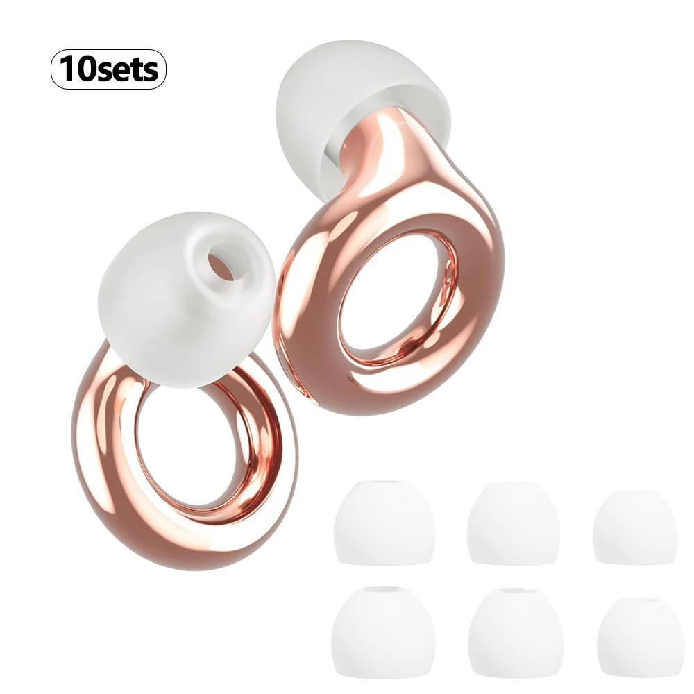 Ten sets of rose gold and white silicone earplugs for noise reduction