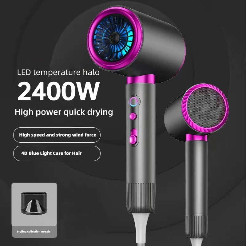 A black hair dryer with a pink LED temperature halo and a styling collection nozzle is shown against a dark background.