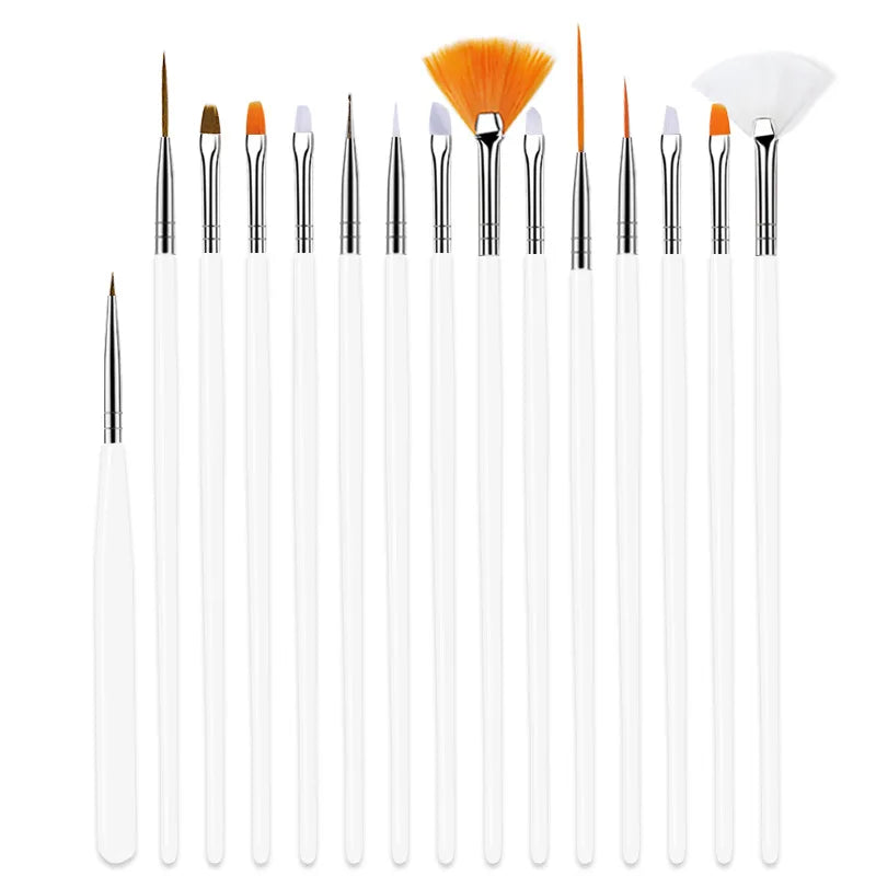 A set of precision nail art brushes for gel and acrylic polish, featuring various sizes and shapes.