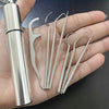 A hand holds a stainless steel multi-sized toothpick set with various sizes and a cylindrical holder.