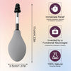 A silver and black portable ear pressure relief tool with a silicone tip shown next to various benefit icons.