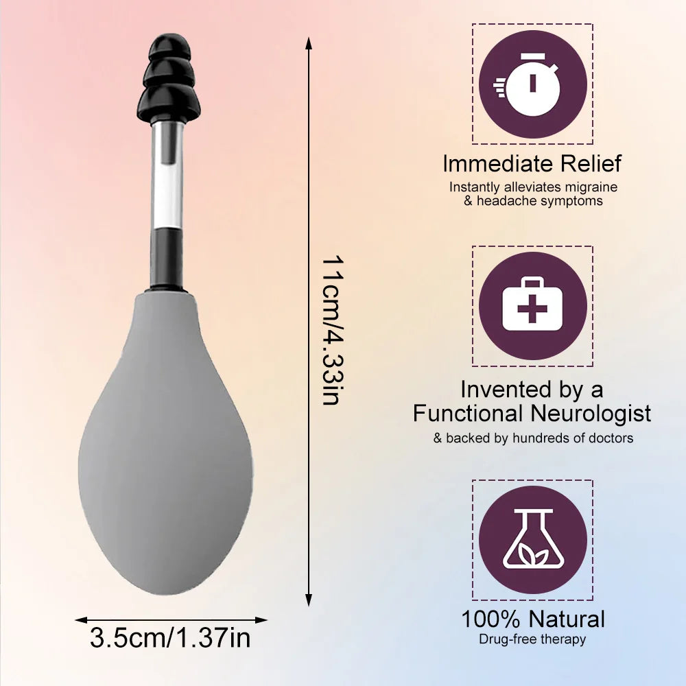 A silver and black portable ear pressure relief tool with a silicone tip shown next to various benefit icons.