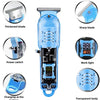 A professional rechargeable hair trimmer clipper shown with various components including a thickened blade, power switch, and