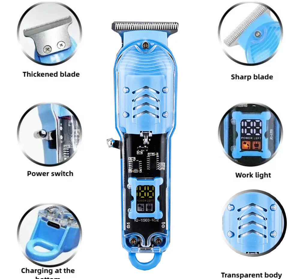 A professional rechargeable hair trimmer clipper shown with various components including a thickened blade, power switch, and
