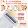 A white 3 in 1 multifunctional electric shaver with straight, middle foil, and curved blades for whole body shaving.