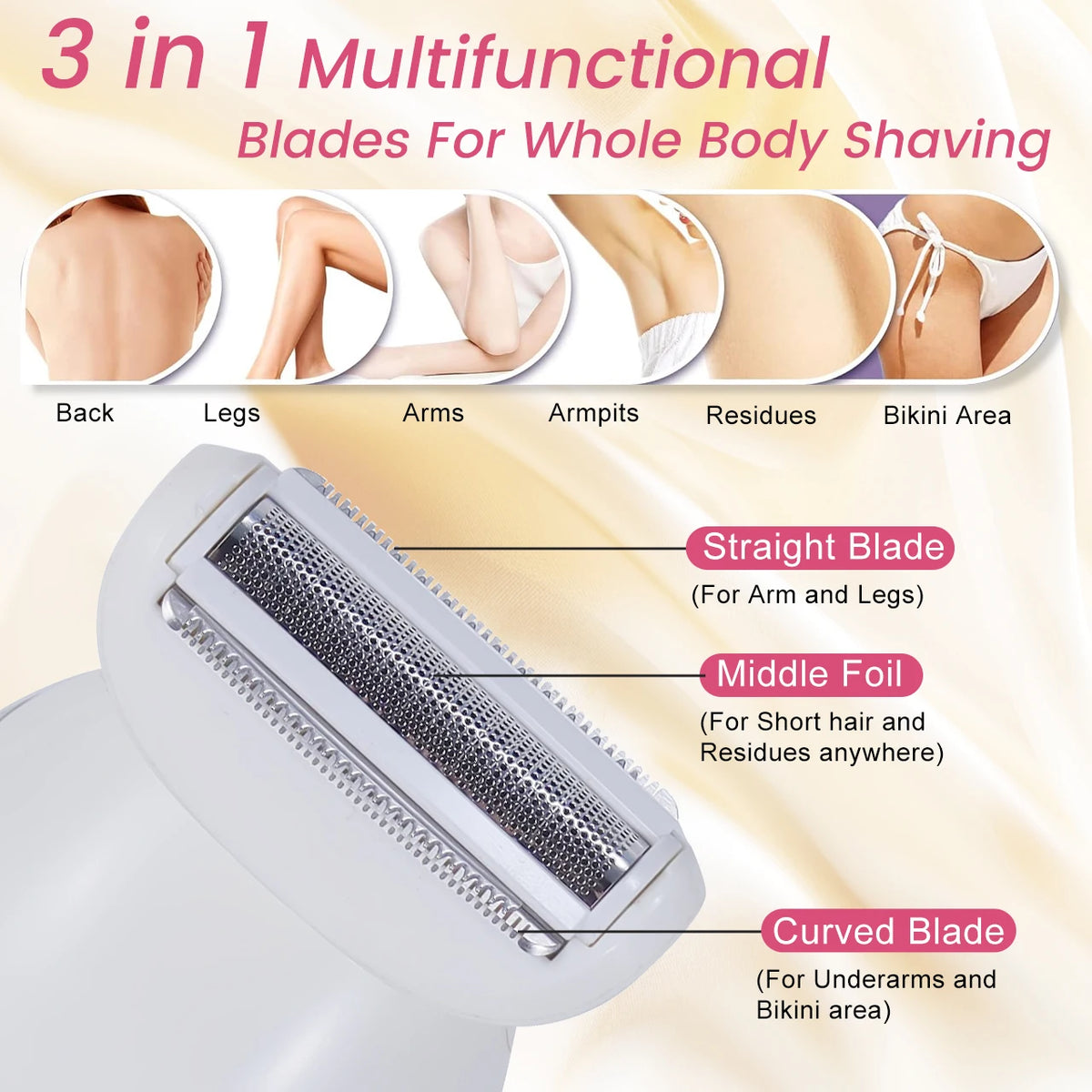 A white 3 in 1 multifunctional electric shaver with straight, middle foil, and curved blades for whole body shaving.