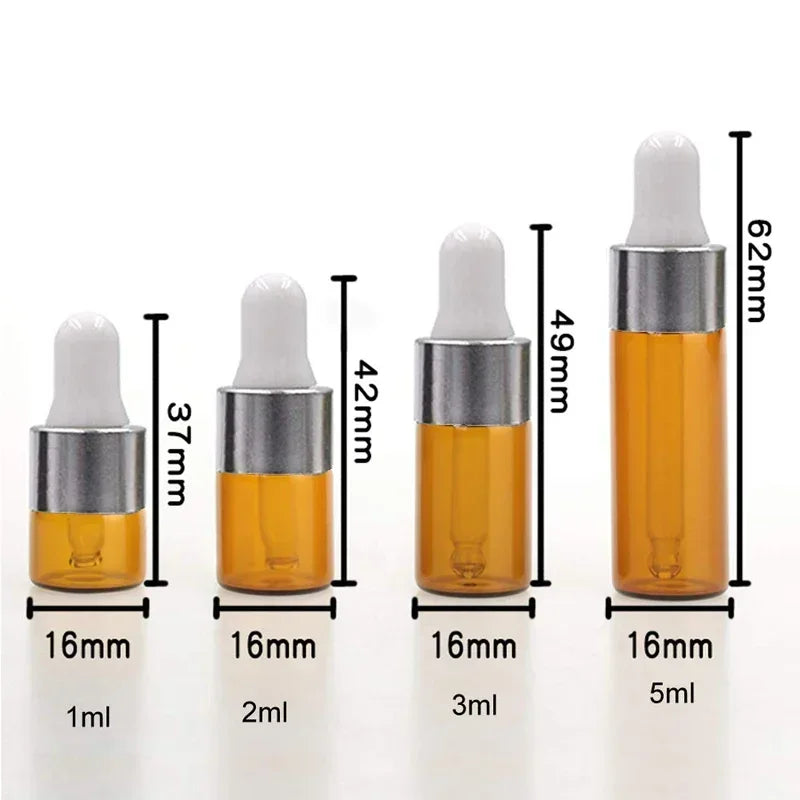 A set of five glass dropper bottles with various volumes, ranging from 1ml to 5ml, shown side by side.
