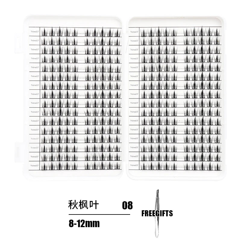 Feuille d'extensions de cils individuels pour kits DIY, montrant divers styles et longueurs de cils.