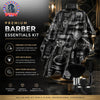 A black barber essentials kit featuring a cutting cape, brushes, and styling tools displayed on a wooden surface.