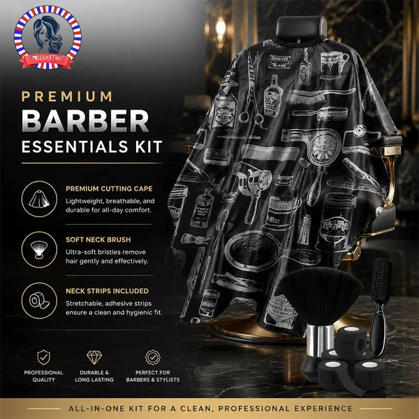 A black barber essentials kit featuring a cutting cape, brushes, and styling tools displayed on a wooden surface.