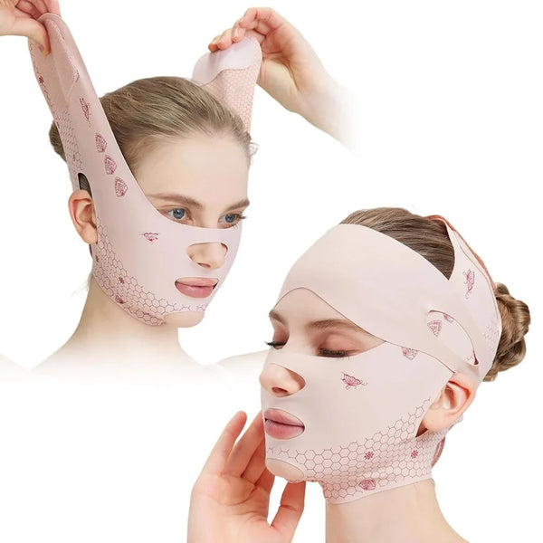 A woman is applying a pink facial slimming strap for contouring to her face.