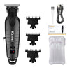 A black electric hair clipper kit showing the main body, interchangeable blades, and a plastic holder.
