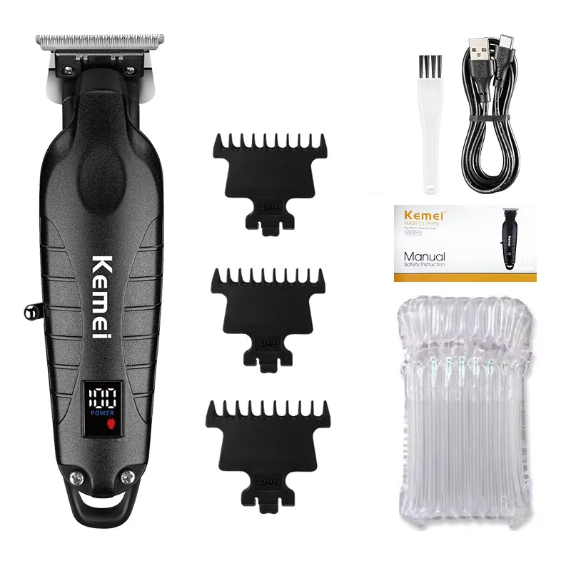 A black electric hair clipper kit showing the main body, interchangeable blades, and a plastic holder.