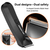 A black precision body hair trimmer with an R-shaped ceramic blade head showing dual protection features.