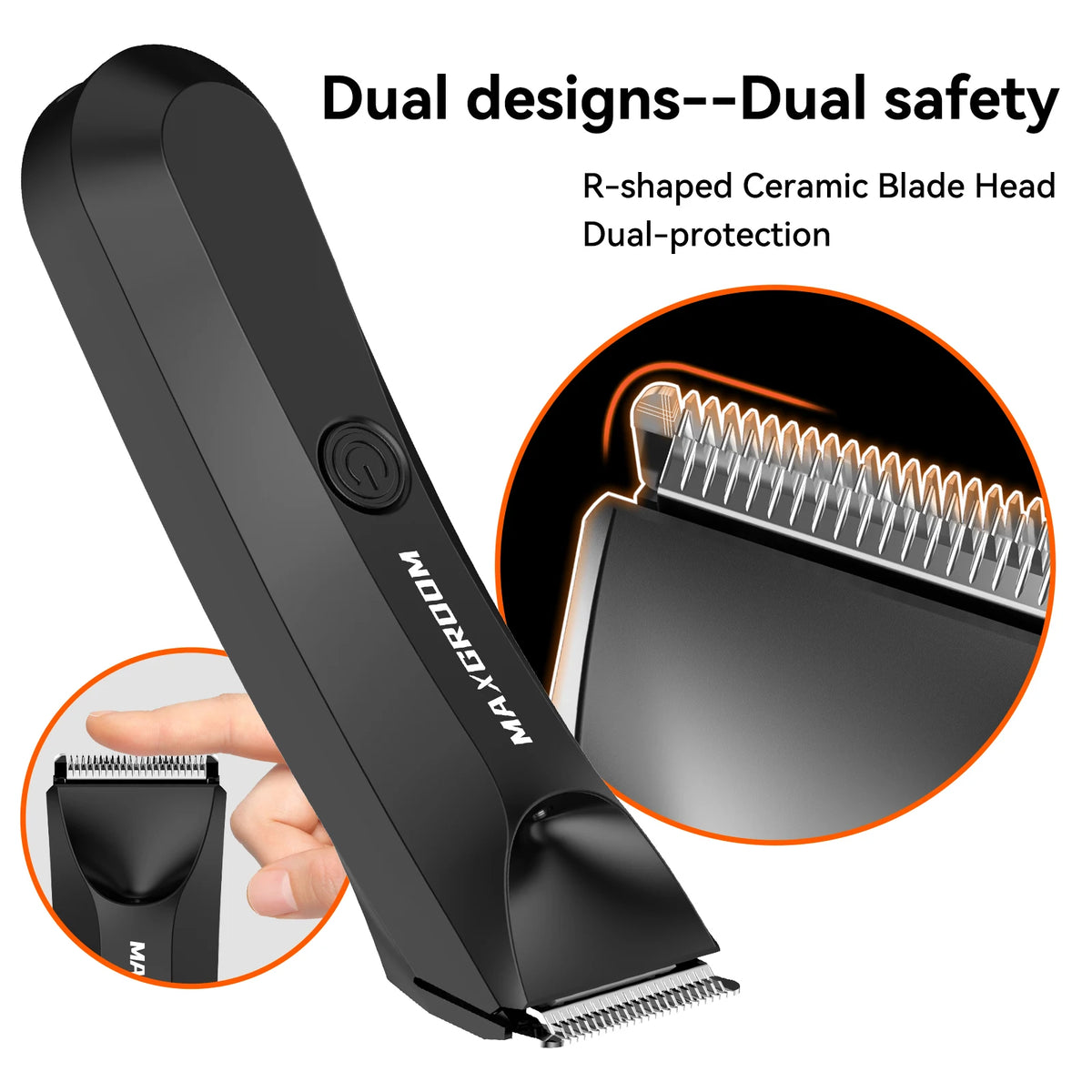 A black precision body hair trimmer with an R-shaped ceramic blade head showing dual protection features.
