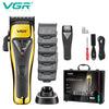 A set of VGR professional rotary hair clippers, including various guard attachments and a power pack.