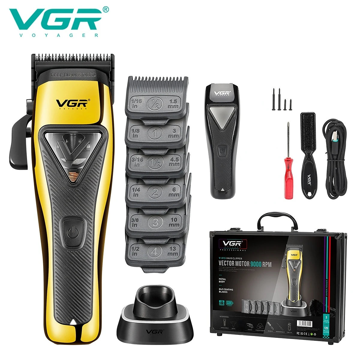 A set of VGR professional rotary hair clippers, including various guard attachments and a power pack.