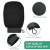 Black exfoliating mitt with an elastic band designed for hanging