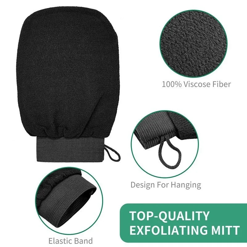 Black exfoliating mitt with an elastic band designed for hanging
