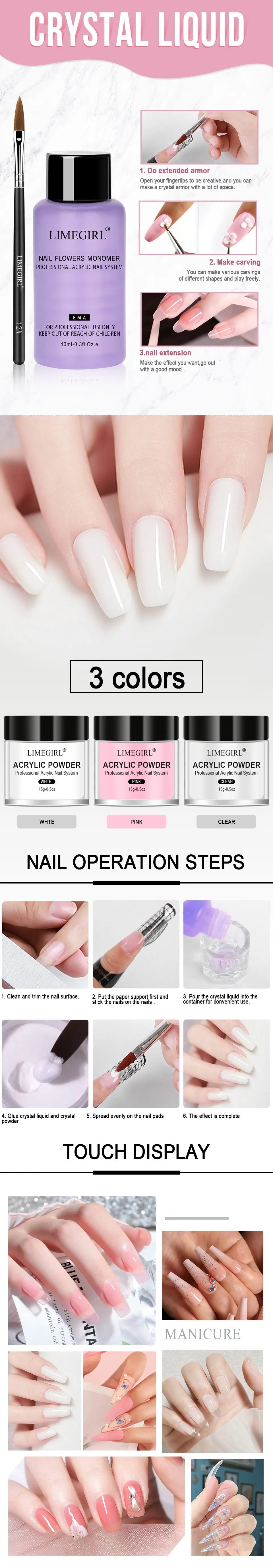 A set of crystal liquid acrylic nail extensions in white, pink, and clear colors shown on fingers.