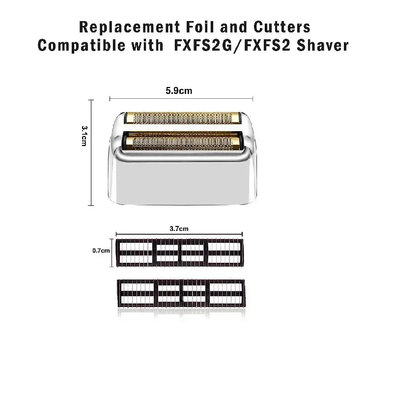 Replacement foil and cutters blade for FXFS2G/FXFS2 shaver, shown with dimensions.