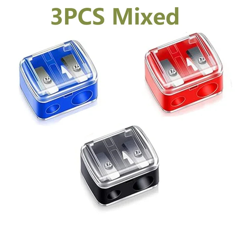 Three mixed dual pencil sharpeners in blue, red, and black plastic containers.