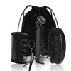 Black boar bristle beard brush and comb set with a black fabric gift bag