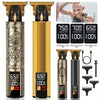 A professional rechargeable hair grooming kit featuring gold and silver accents with multiple grooming tools.