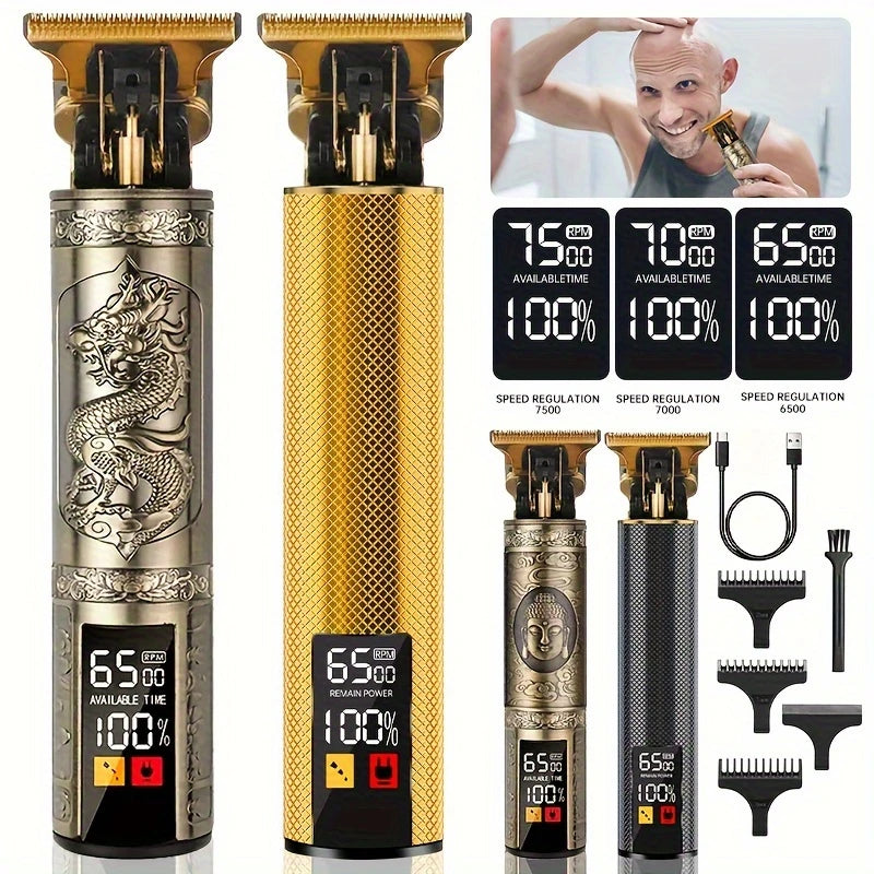 A professional rechargeable hair grooming kit featuring gold and silver accents with multiple grooming tools.