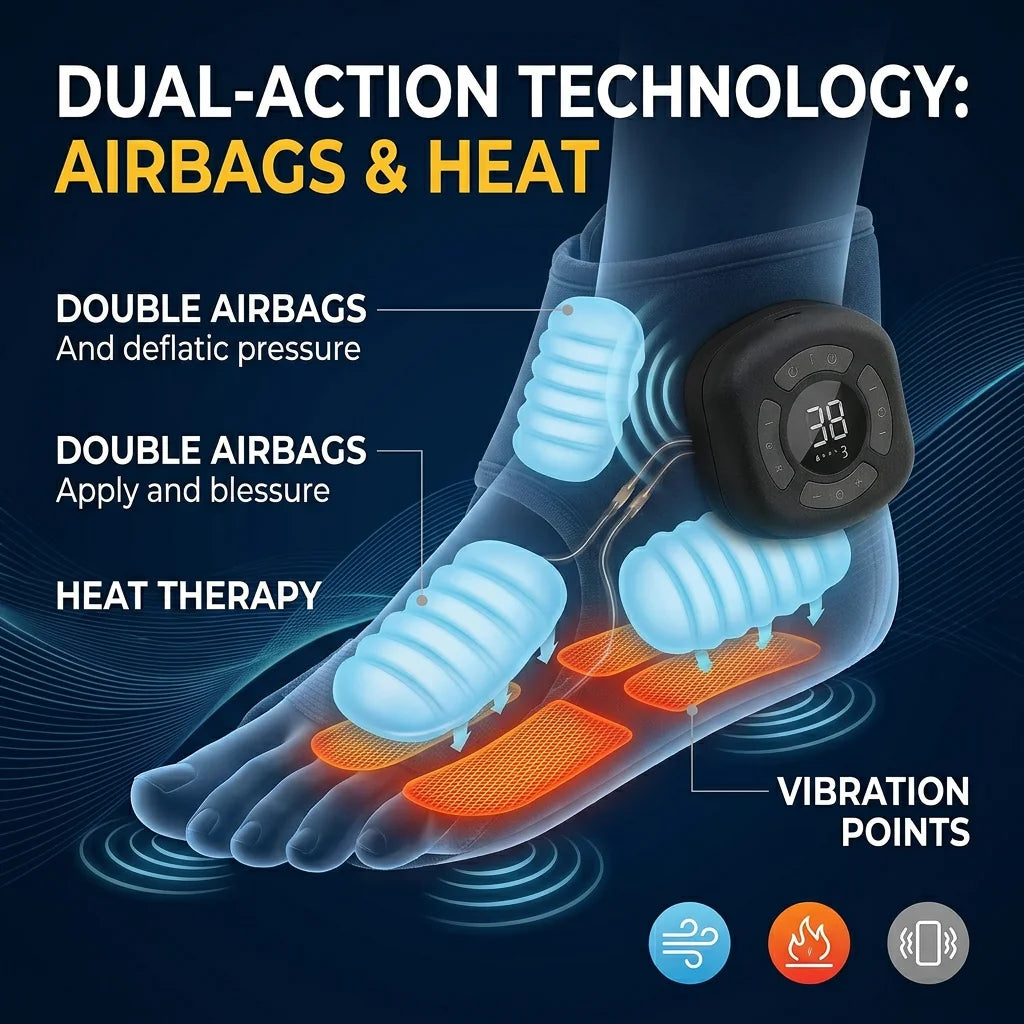 A foot massager device showing dual-action technology including airbags, heat therapy, and vibration points.