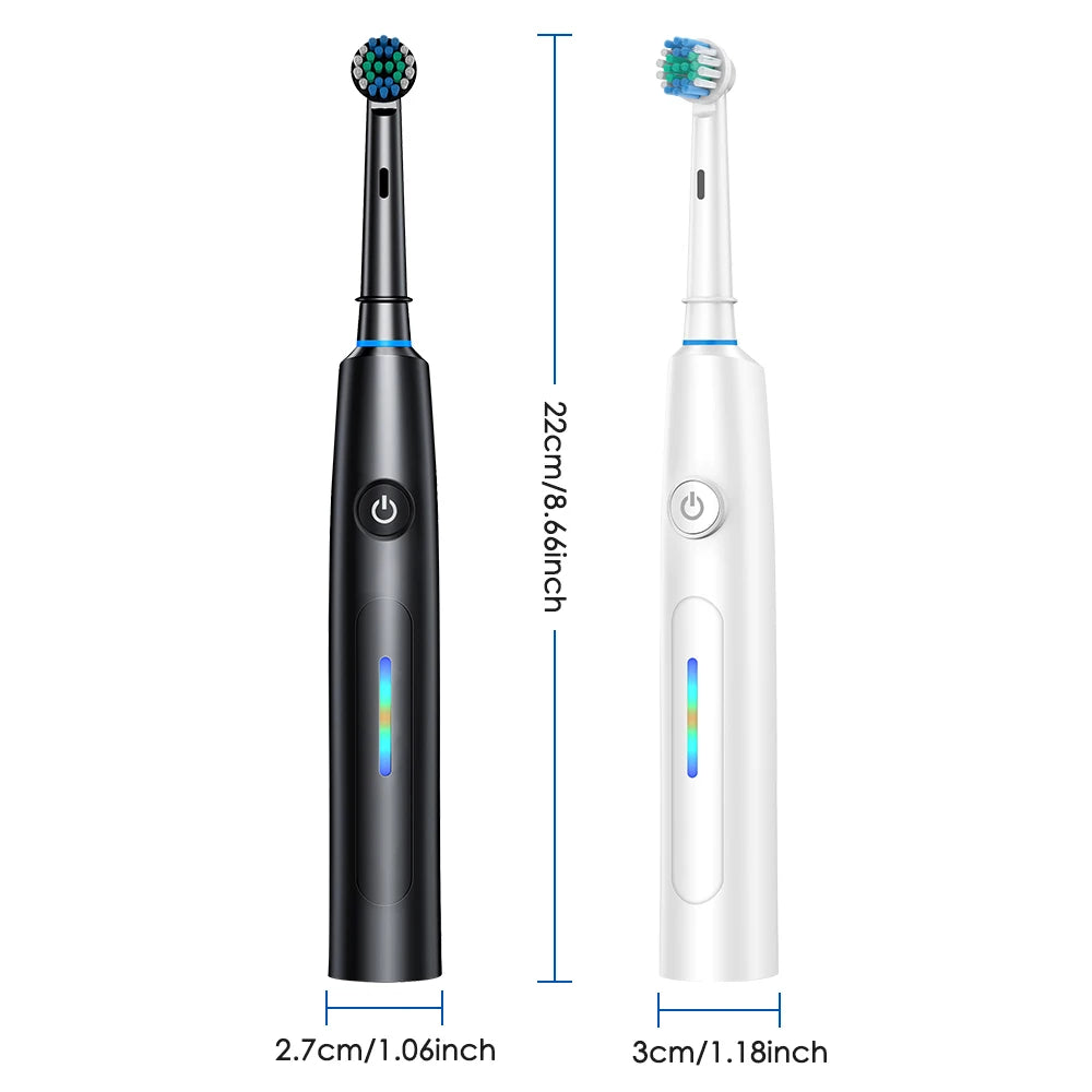 A black and white 3D rotating electric toothbrush with a blue brush head shown in side view.