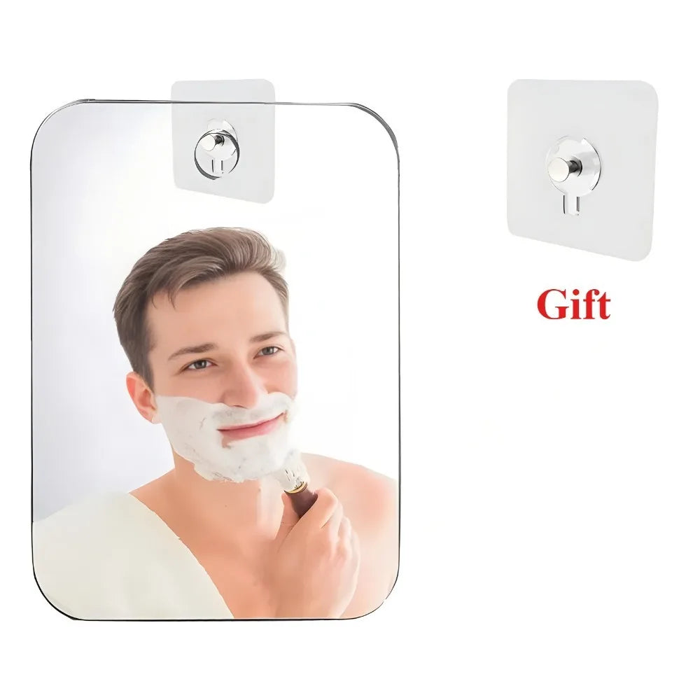 Miroir de vanité en acrylique sans buée avec un crochet mural montrant un homme appliquant de la crème faciale.