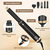 A black hair styling brush with an anti-scalding head, air wrapping barrel, and rotary adjustment switch.