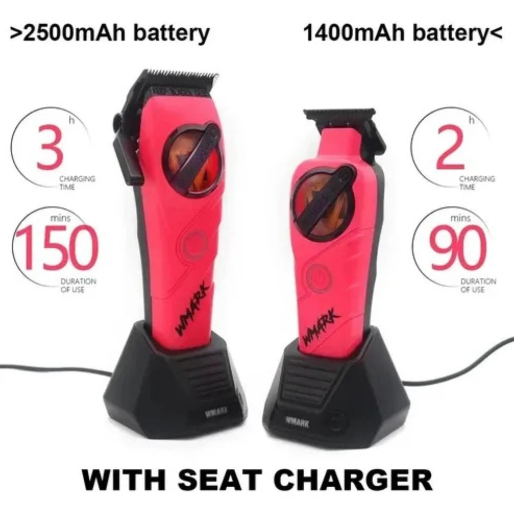 A pink and black cordless hair trimmer battery kit with a seat charger shown next to its components.