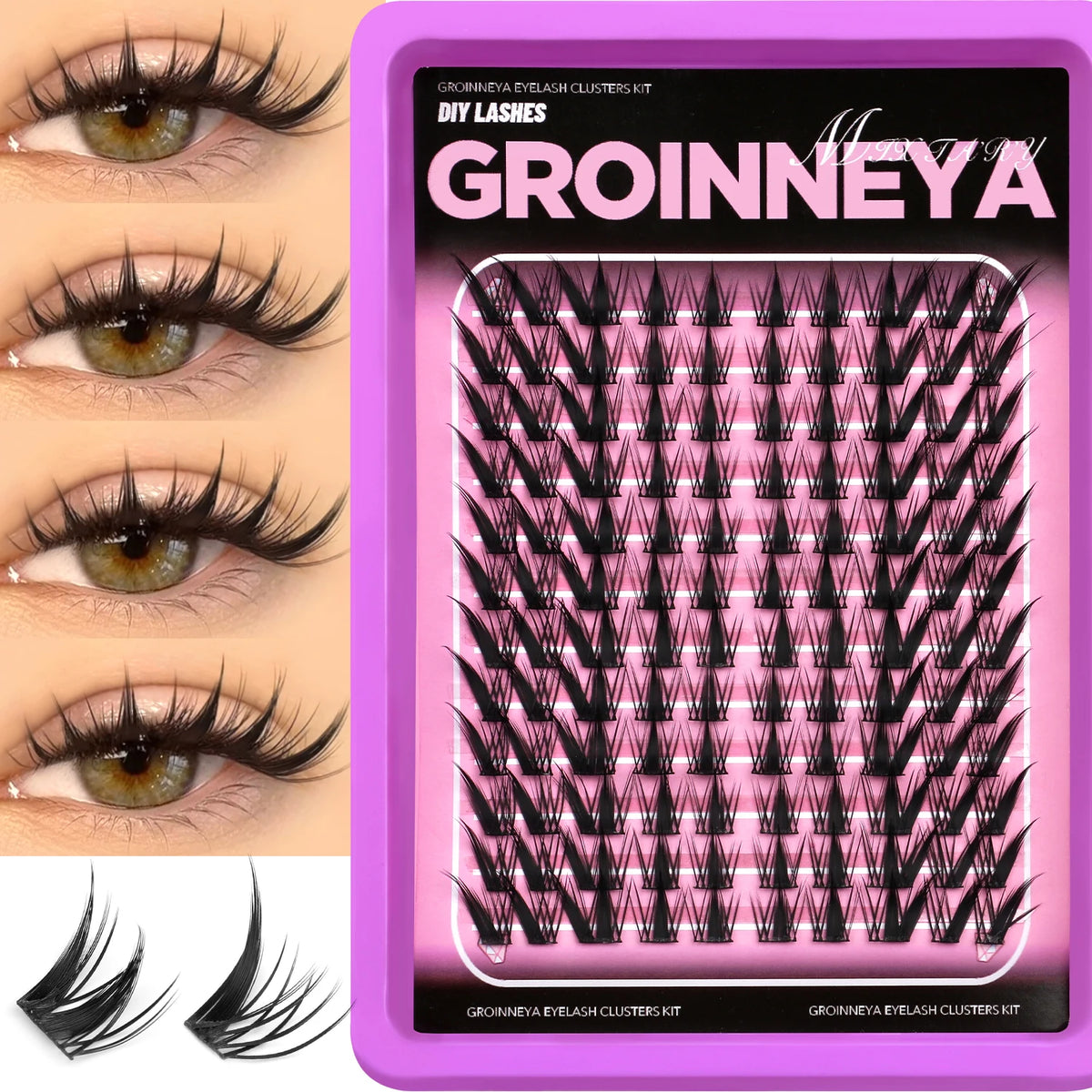 Boîte de kit de clusters de cils Groinneya DIY montrant divers styles et motifs d'application.