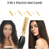 A 3-in-1 electric hot comb set showing a curling iron, straightener, and hot comb tool with models demonstrating curl and str