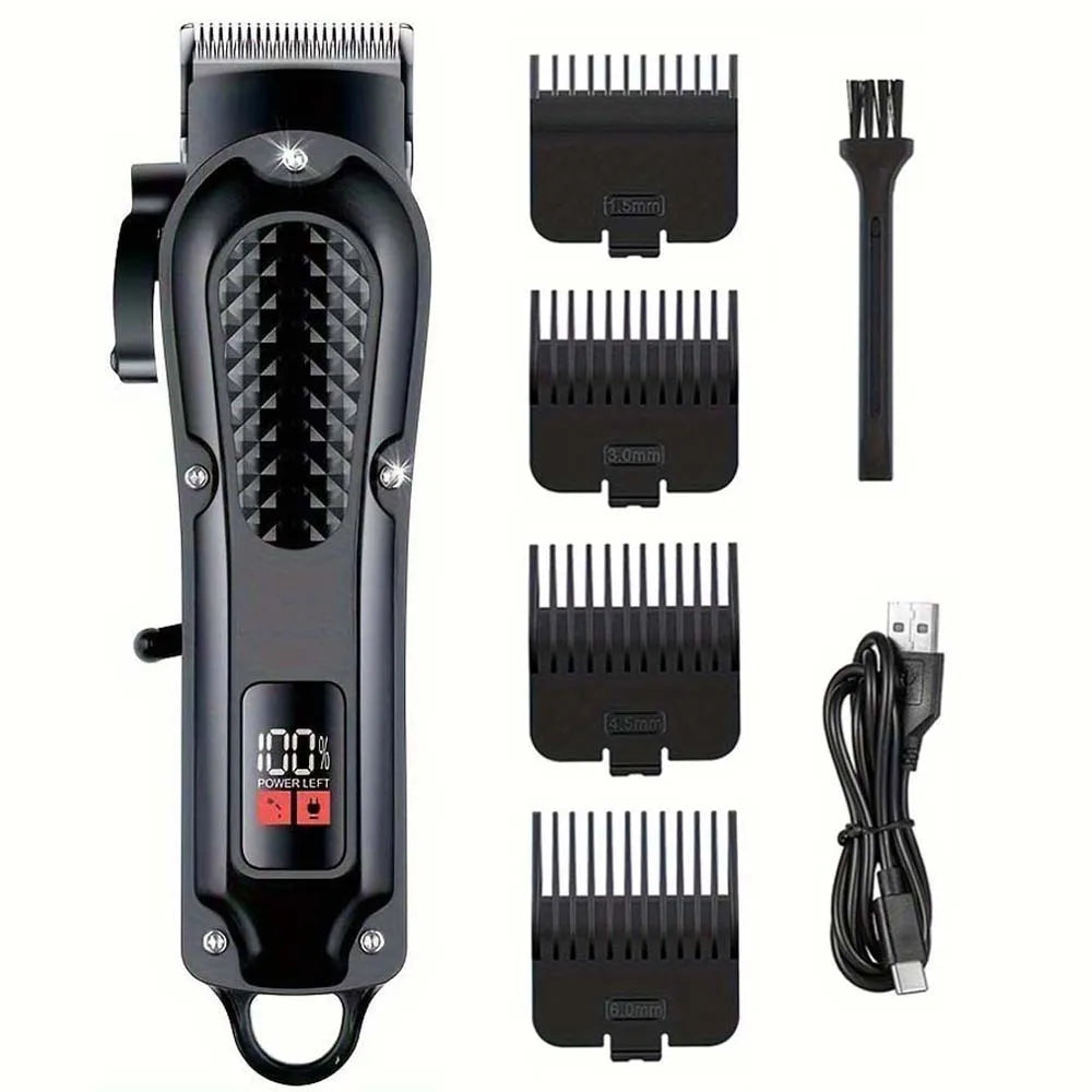 A black professional cordless hair clipper with a guard attachment and power switch.