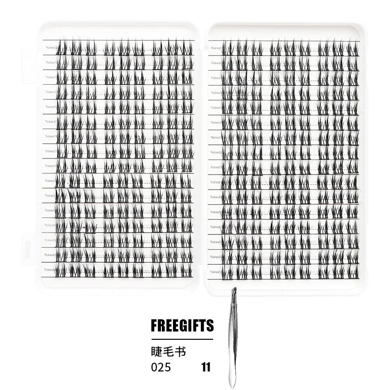 Un kit d'extensions de cils individuels montrant divers styles et densités de cils.