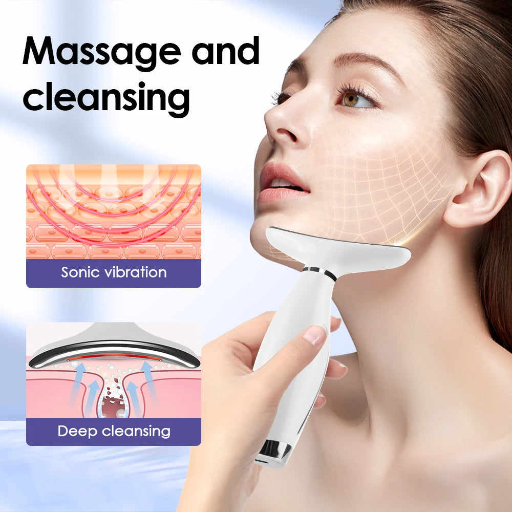 A woman is using a white handheld device for massage and cleansing on her neck, demonstrating sonic vibration and deep cleans