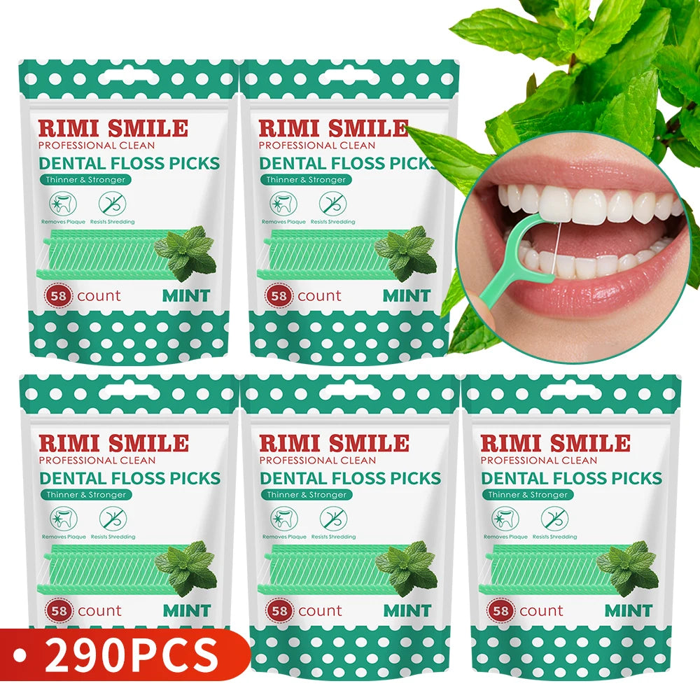 Pack of three Rimi Smile dental floss picks in mint flavor with a green portable case