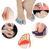 Various views of soft gel toe separators used for foot and toe care and relief.