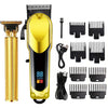 A professional rechargeable hair clipper grooming kit shown with various attachments and the main unit.