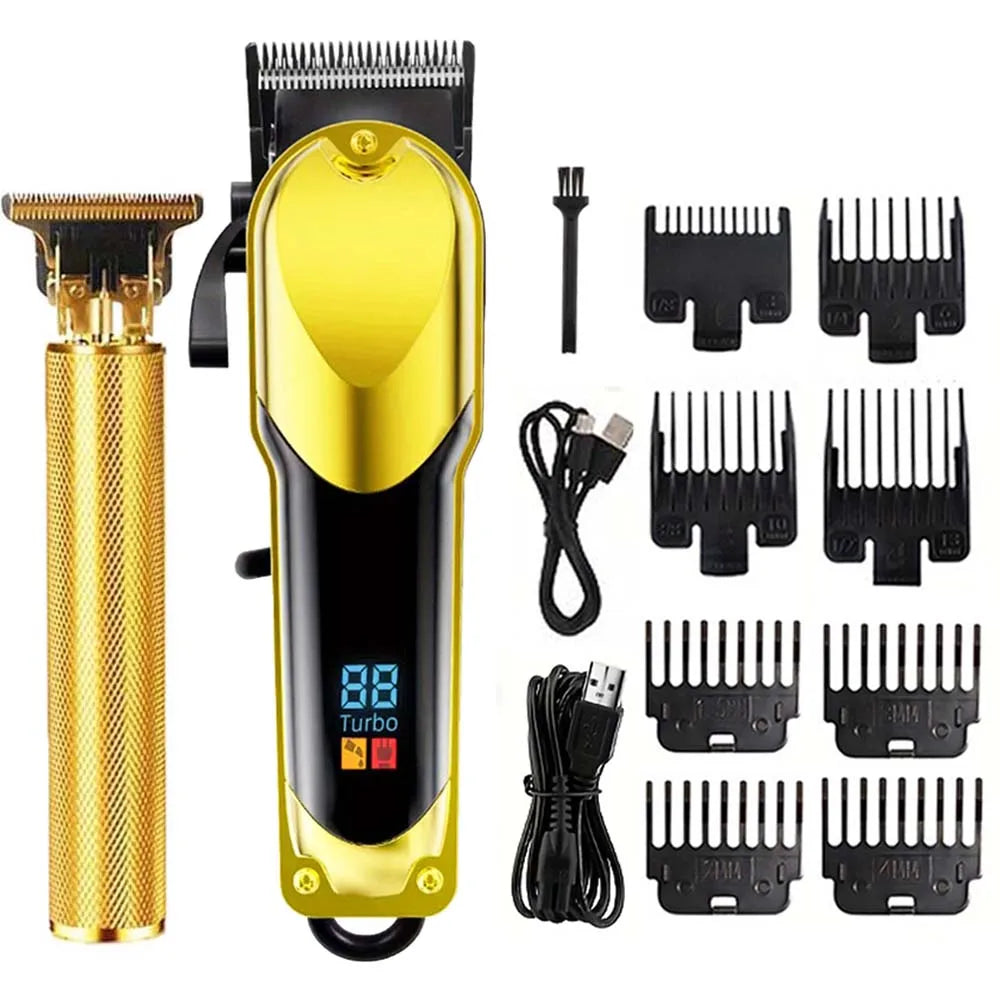 A professional rechargeable hair clipper grooming kit shown with various attachments and the main unit.