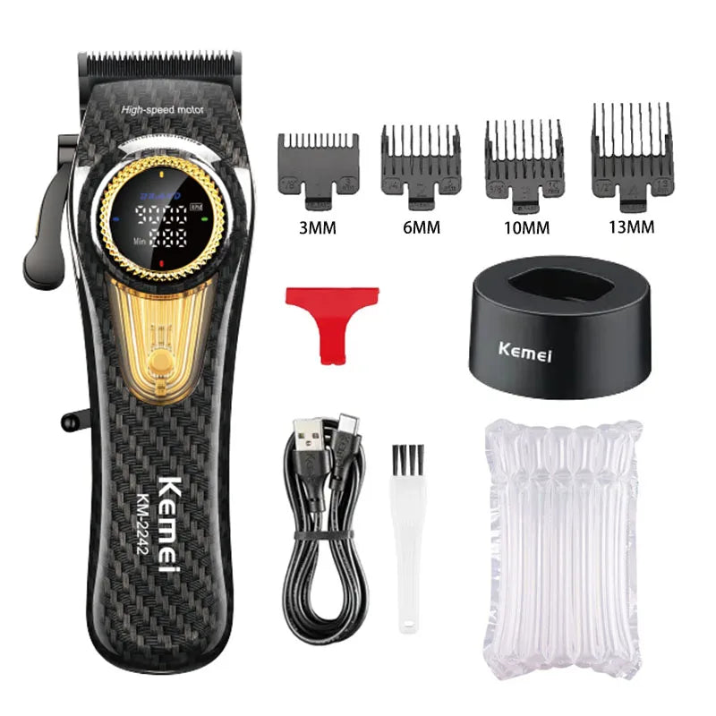 A kit of professional rechargeable electric hair clippers including various guard attachments and charging cable.