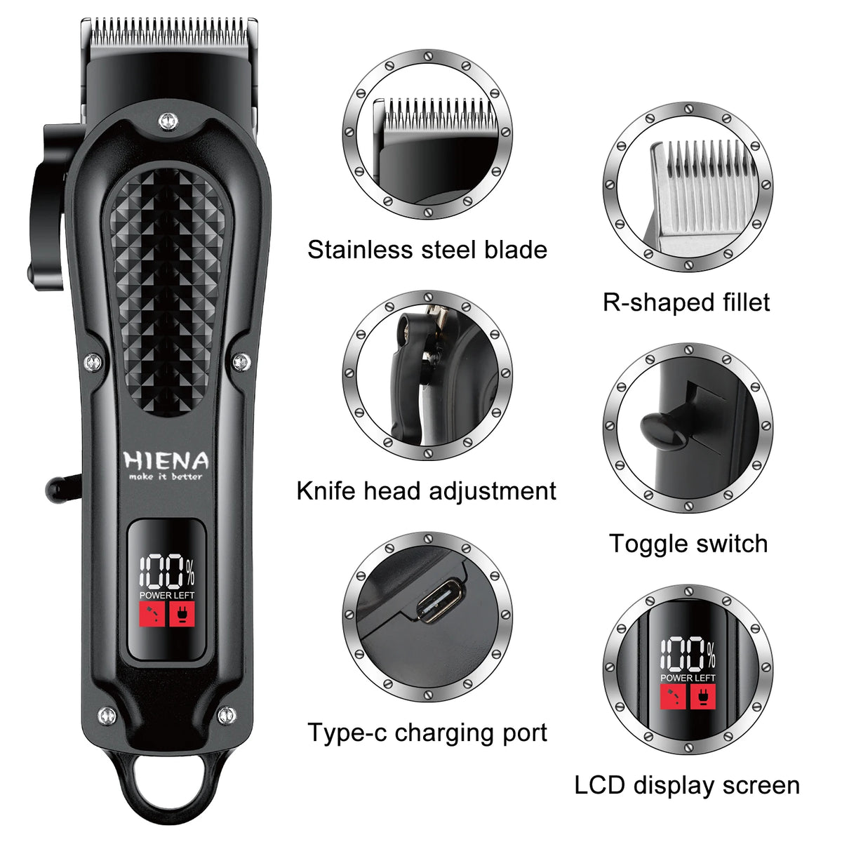 A black professional cordless electric hair trimmer kit showing various components like the blade, head adjustment, switch, c