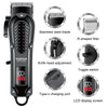A black professional cordless hair trimmer kit showing various components like a blade, adjustment, switch, charging port, an